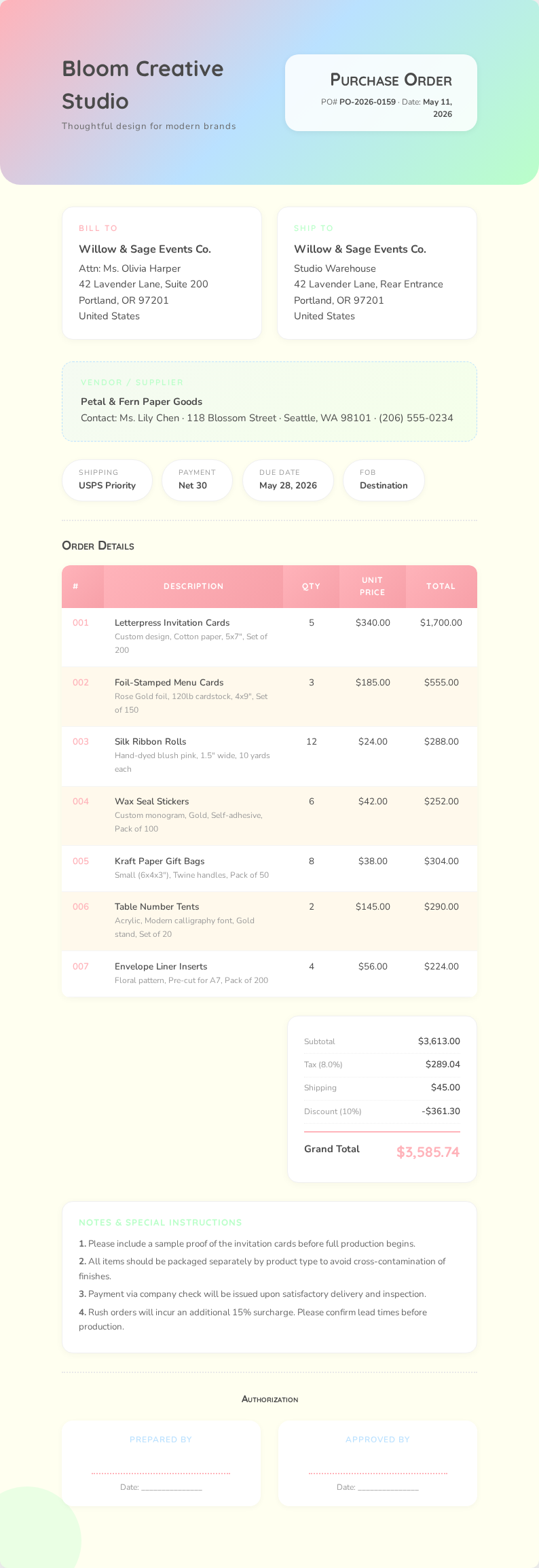 Pastel soft Purchase Order